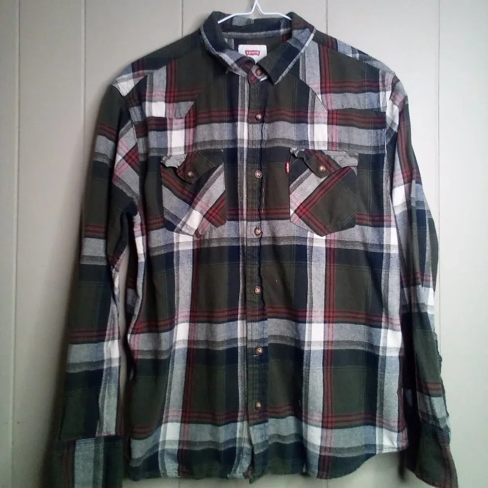 Levi's Button Down Shirt M Long Sleeve Plaid Green Red